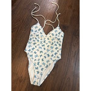 Victoria's Secret PINK Butterfly Print One Piece Swimsuit White Blue V-Neck